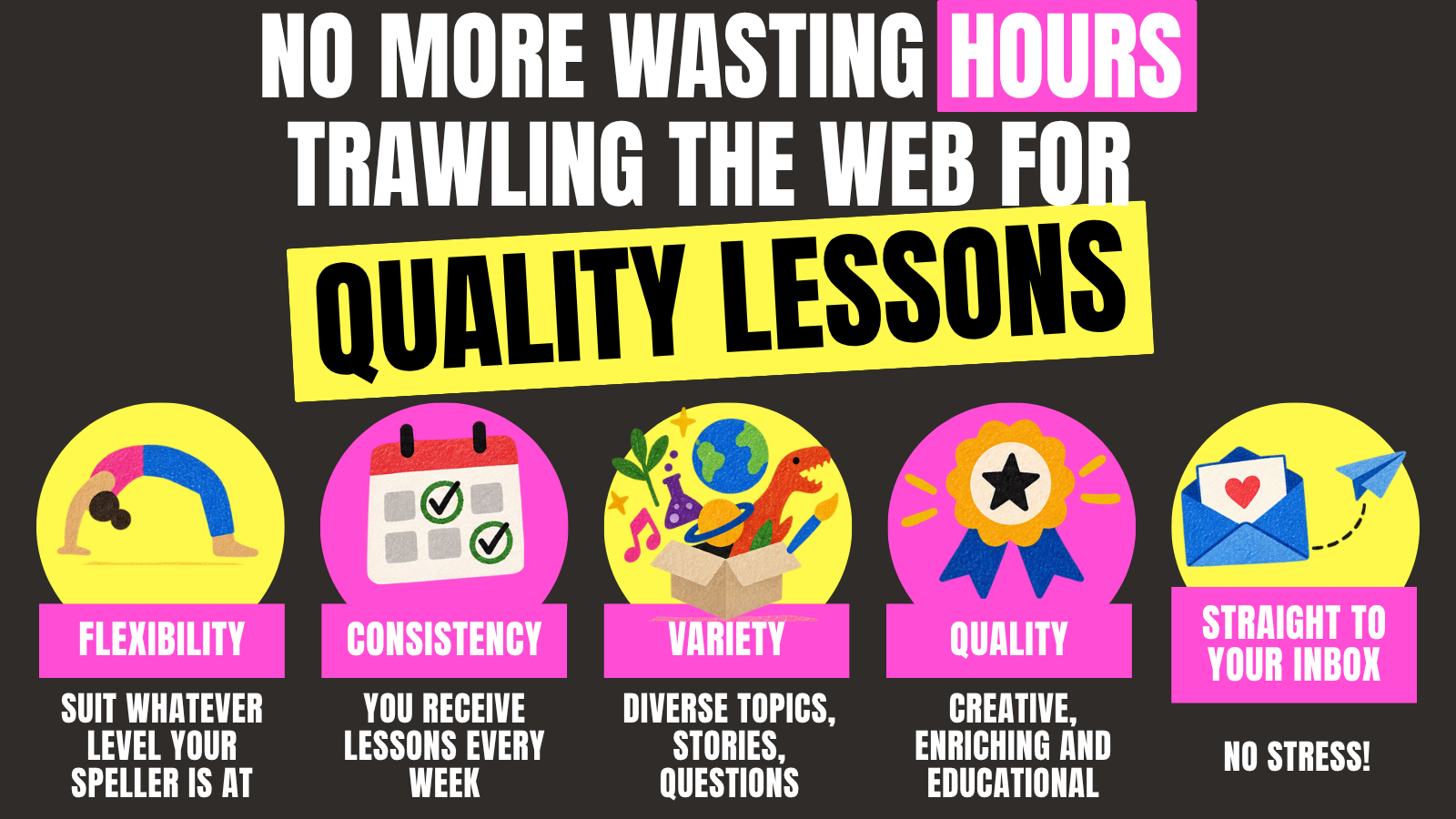 No more wasting hours trawling the web for quality lessons. Flexibility: suit whatever level your speller is at. Consistency: you receive lessons every week. Variety: diverse topics, stories, questions. Quality: creative, enriching and educational. Straight to your inbox, no stress.